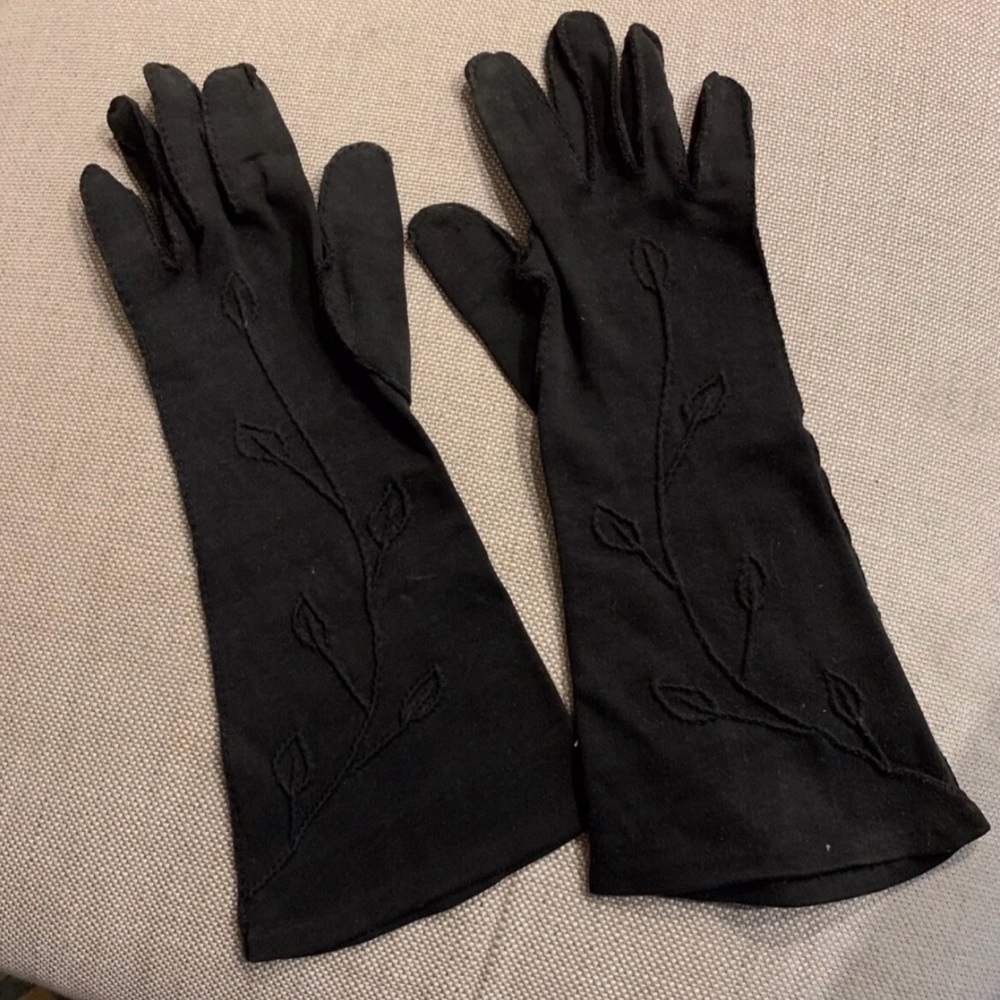 Vintage SHALIMAR Black Long Women's Fabric Gloves Early 60 Size 6 1/2